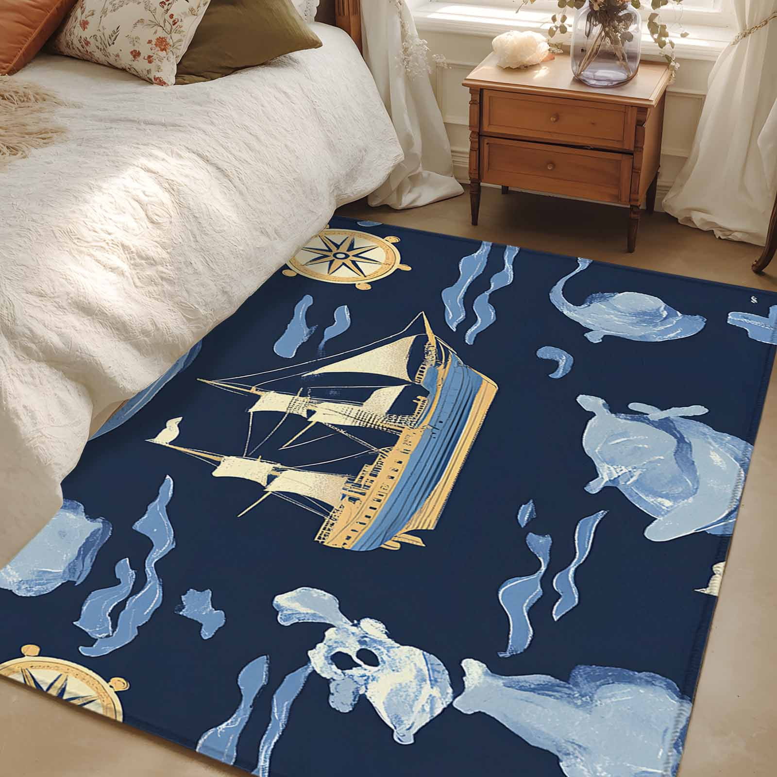 Blue Compass Rug 2.7x5 Area Rugs, Navy Blue Coastal Non-Skid Rubber Backing Large ...