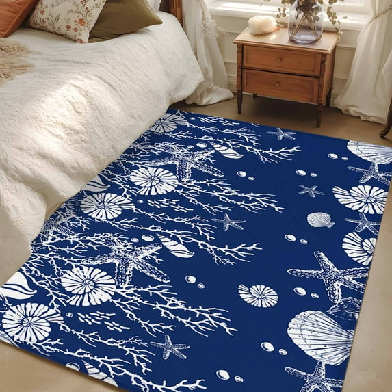 2.7x5 Area Rugs, Navy Blue Coastal Non-Skid Rubber Backing Large Rectangle Rugs - Living Room Bedroom Home Office, Starfish Coral Ocean Conch Sea Nautical Indoor Floor Mat Carpets Washable Rug