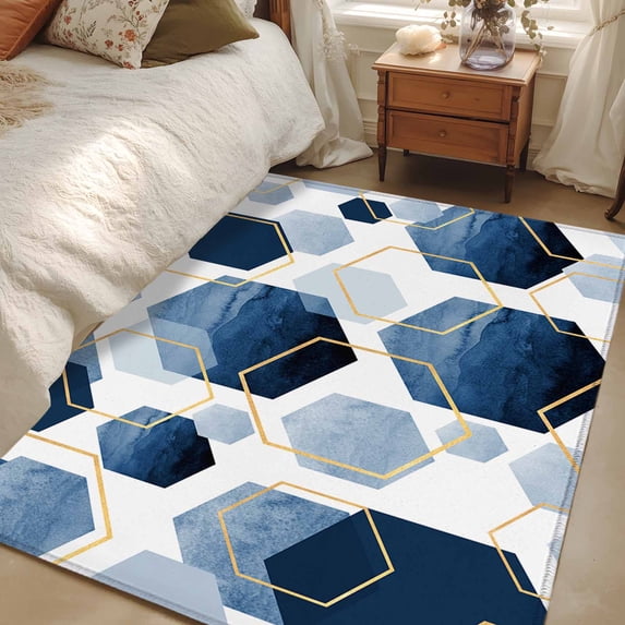 2.7x5 Area Rugs, Navy Blue Marble Non-Skid Rubber Backing Large Rectangle Rugs - Living Room Bedroom Home Office, Gold White Geometric Hexagon Modern Indoor Floor Mat Carpets Washable Rug