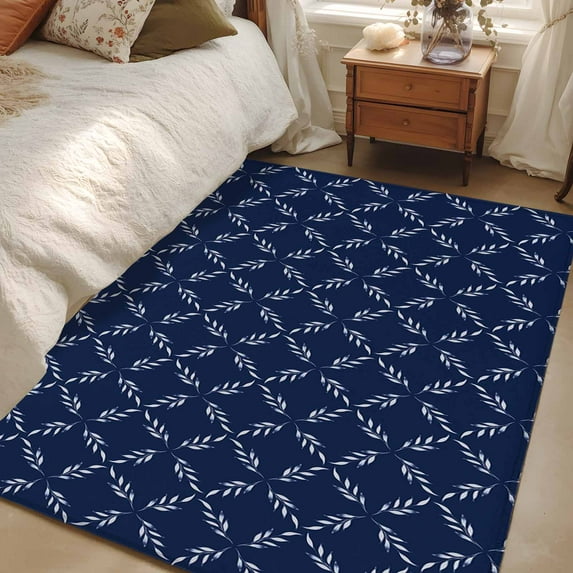 2.7x5 Area Rugs, Navy Blue Non-Skid Rubber Backing Large Rectangle Rugs - Living Room Bedroom Home Office, Geometric Leaf Diamond Plaid Abstract Check Indoor Floor Mat Carpets Washable Rug