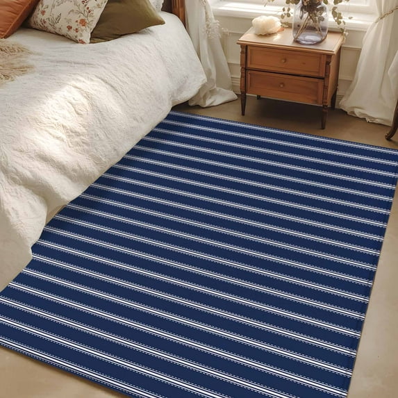 2.7x5 Area Rugs, Navy Blue Striped Non-Skid Rubber Backing Large Rectangle Rugs - Living Room Bedroom Home Office, Navy Blue White Farmhouse Stripes Indoor Floor Mat Carpets Washable Rug