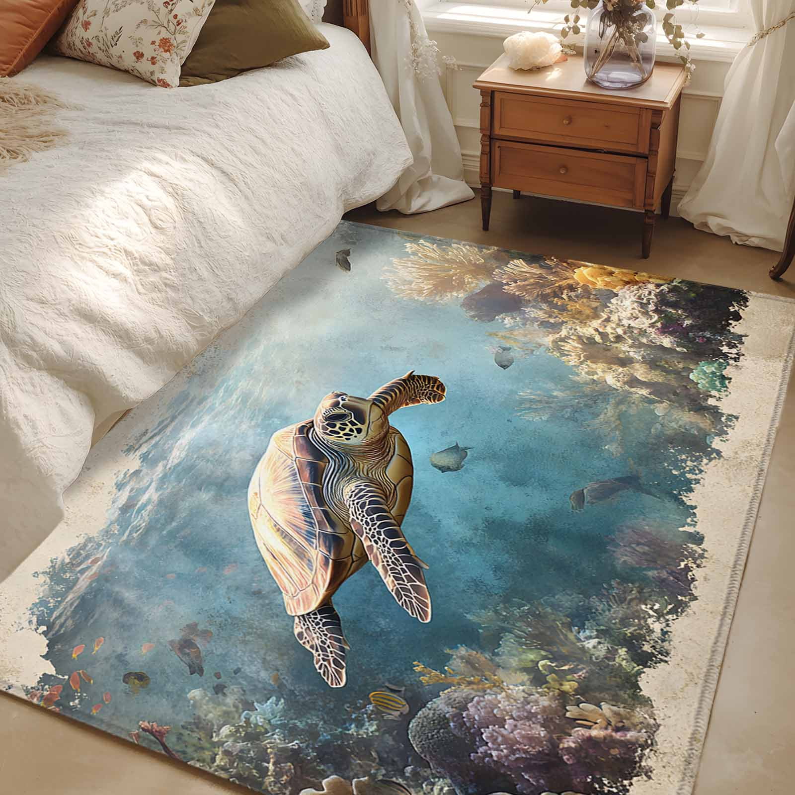 Turtle Rug Cream 2.7x5 Area Rugs, Ocean Turtle Non-Skid Rubber Backing Large Rectangle ...