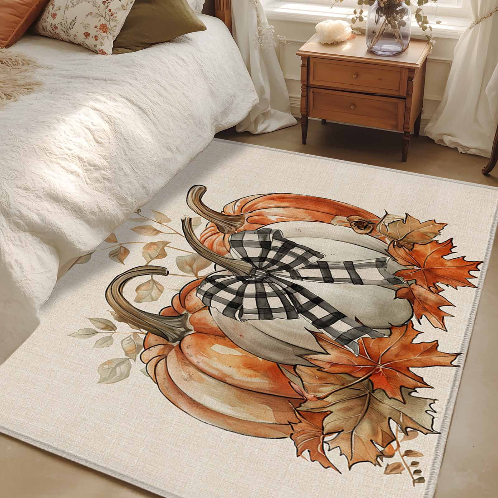 2.7x5 Area Rugs, Orange Grey Pumpkins Fall Non-Skid Rubber Backing ...