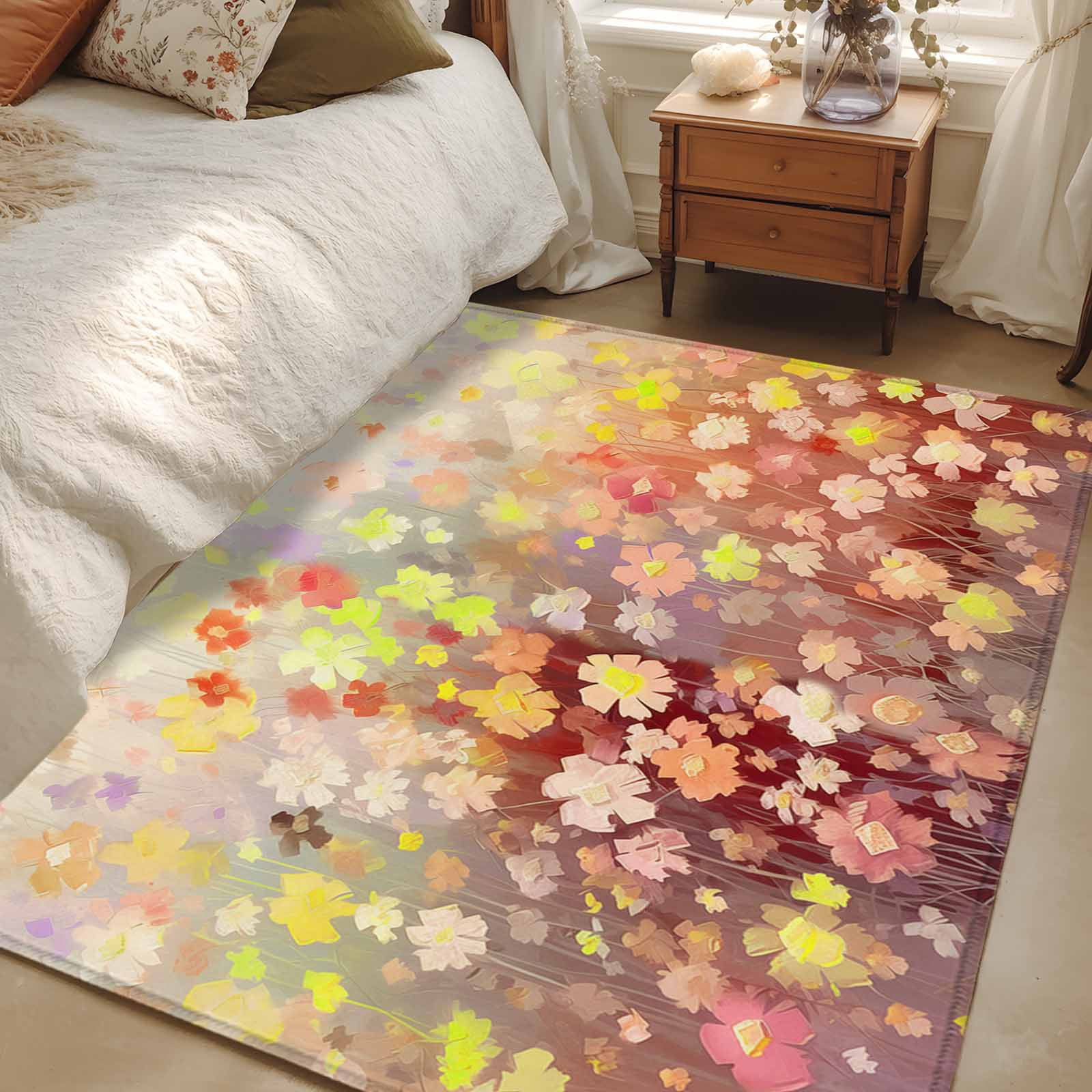 2.7x5 Area Rugs, Orange Spring Floral Non-Skid Rubber Backing Large ...