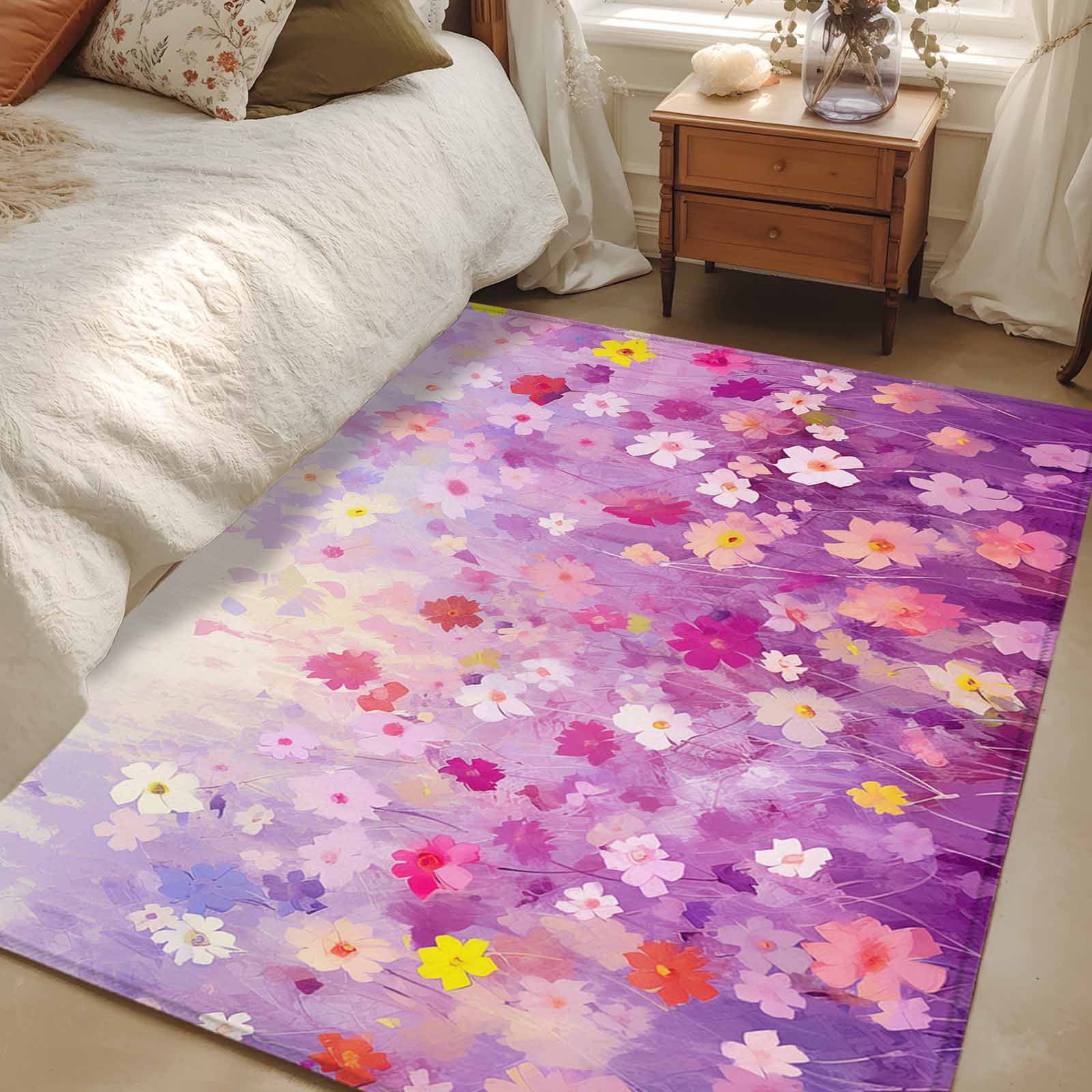 2.7x5 Area Rugs, Pink Spring Floral Non-Skid Rubber Backing Large ...