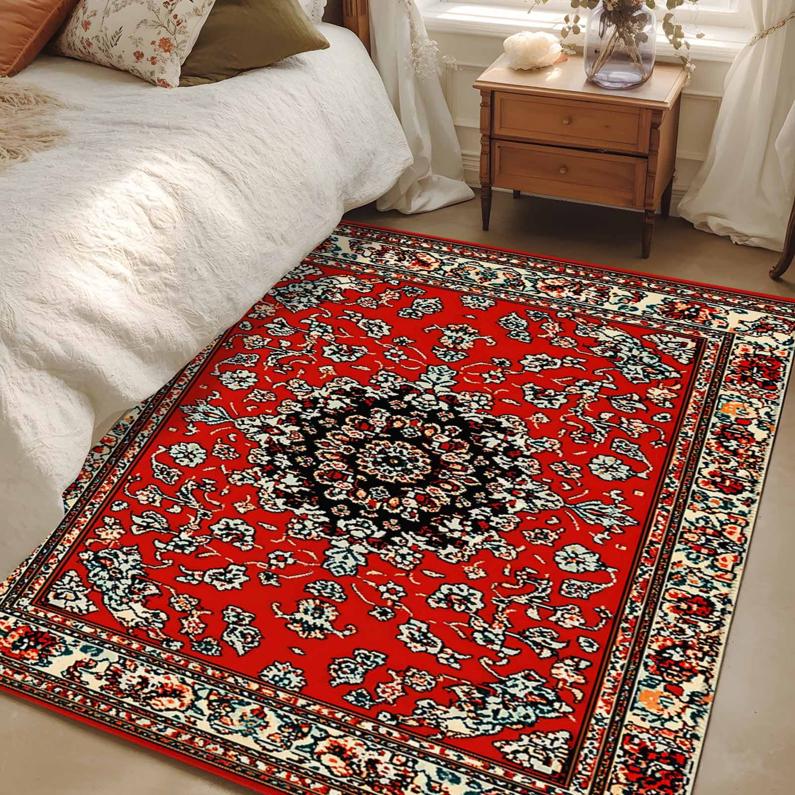 2.7x5 Area Rugs, Red Bohemian Non-Skid Rubber Backing Large Rectangle ...