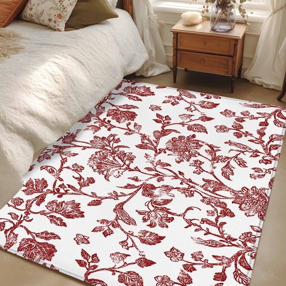 2.7x5 Area Rugs, Red Boho Flower Non-Skid Rubber Backing Large Rectangle Rugs - Living Room Bedroom Home Office, Vintage Paisley Farmhouse Pattern Indoor Floor Mat Carpets Washable Rug