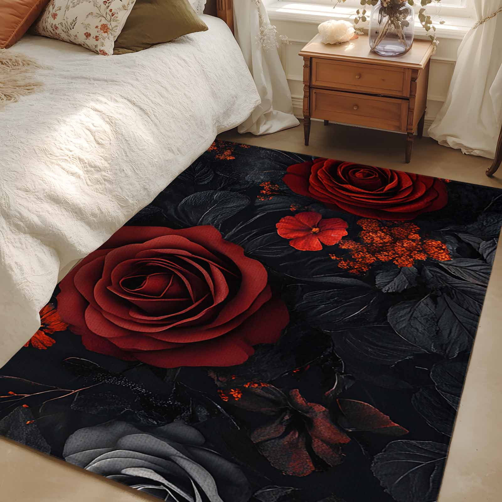 2.7x5 Area Rugs, Red Orange Roses Non-Skid Rubber Backing Large ...