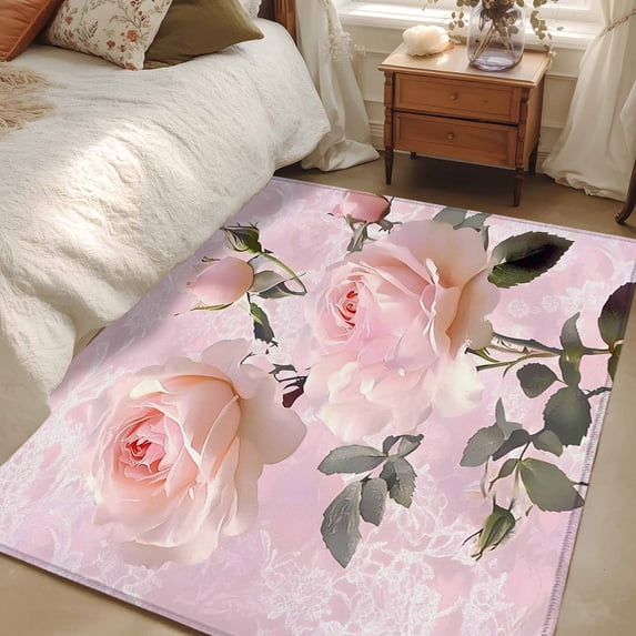 Large One Rose Rug 2.7x5 Area Rugs, Romantic Pink Roses Non-Skid Rubber Backing Large ...