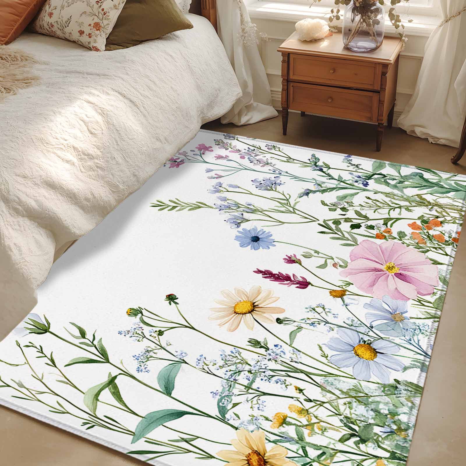 2.7x5 Area Rugs, Spring Floral Non-Skid Rubber Backing Large Rectangle ...