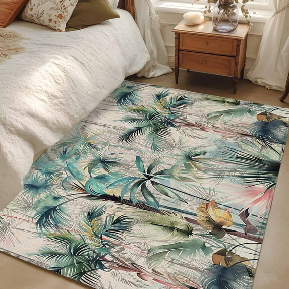 2.7x5 Area Rugs, Summer Palm Trees Non-Skid Rubber Backing Large Rectangle Rugs - Living Room Bedroom Home Office, Vintage Botanical Tropical Leaves Indoor Floor Mat Carpets Washable Rug