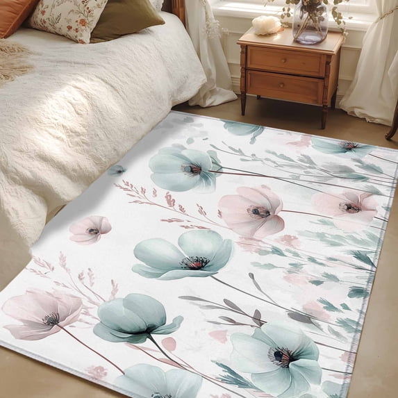 2.7x5 Area Rugs, Teal Pink Spring Floral Non-Skid Rubber Backing Large Rectangle Rugs - Living Room Bedroom Home Office, Summer Botanical Watercolor Indoor Floor Mat Carpets Washable Rug