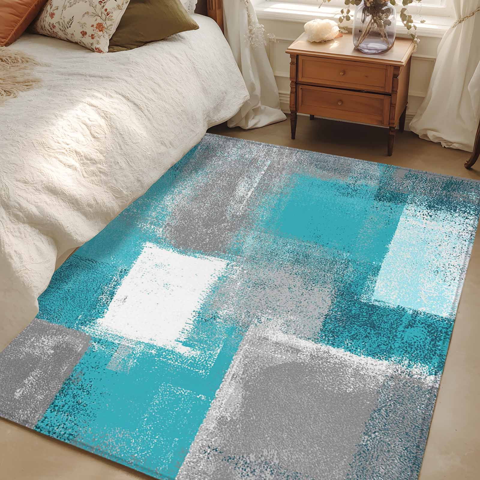 2.7x5 Area Rugs, Turquoise Grey Ombre Non-Skid Rubber Backing Large ...