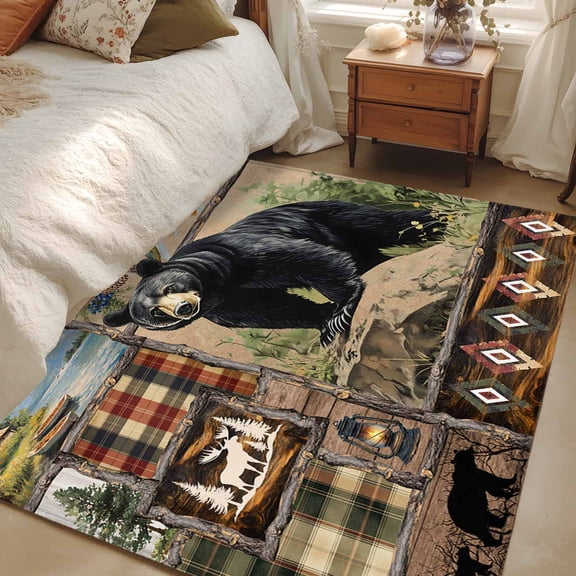 2.7x5 Area Rugs, Vintage Black Bears Non-Skid Rubber Backing Large Rectangle Rugs - Living Room Bedroom Home Office, Abstract Country Plaid Fish Retro Indoor Floor Mat Carpets Washable Rug