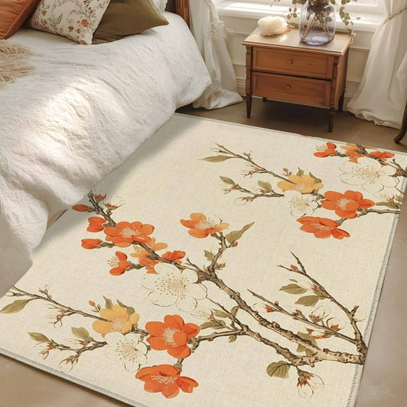 2.7x5 Area Rugs, Vintage Botanical Non-Skid Rubber Backing Large Rectangle Rugs - Living Room Bedroom Home Office, Red Spring Floral Botanical Farmhouse Indoor Floor Mat Carpets Washable Rug