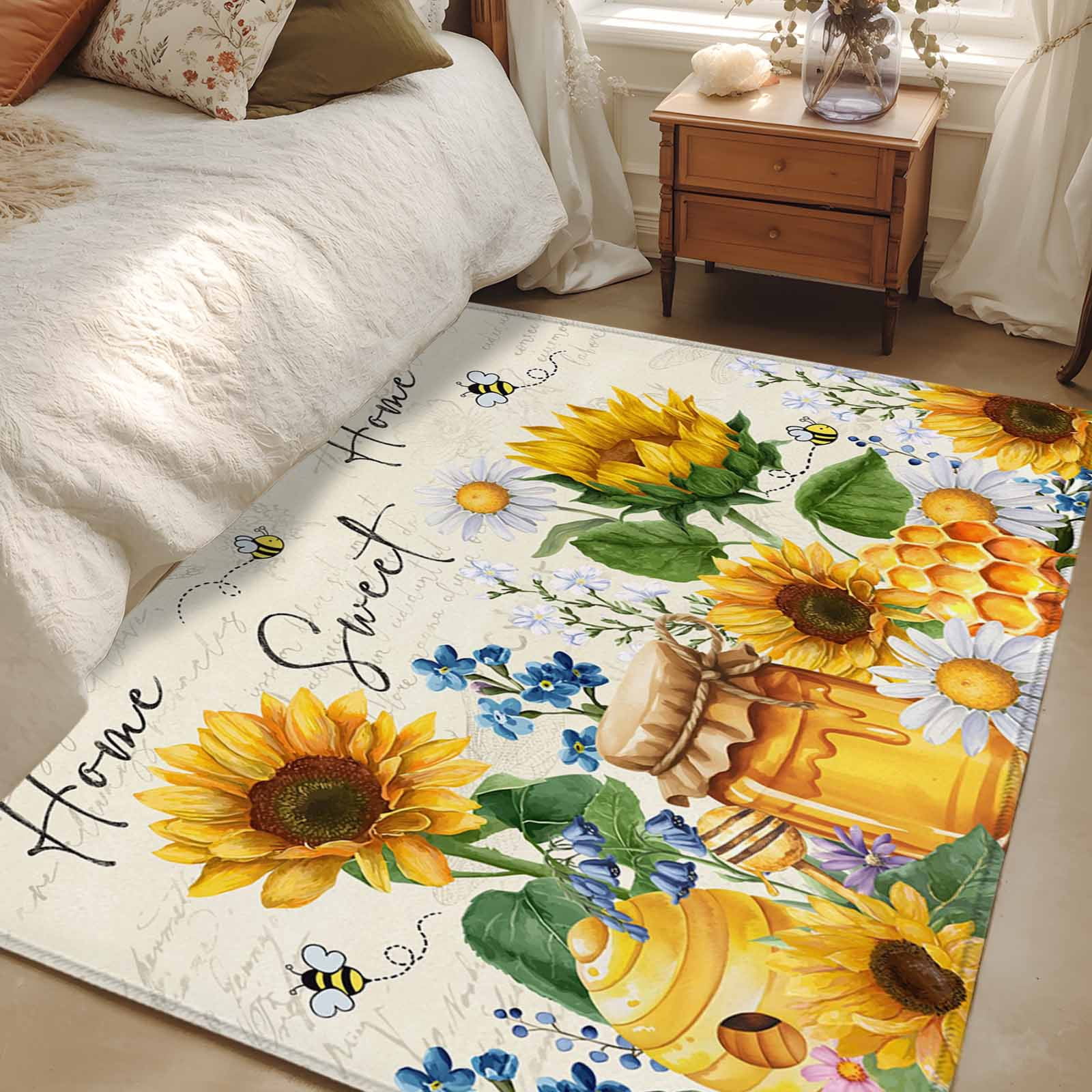 Bee Yellow Rug 2.7x5 Area Rugs, Yellow Sunflowers Non-Skid Rubber Backing Large ...