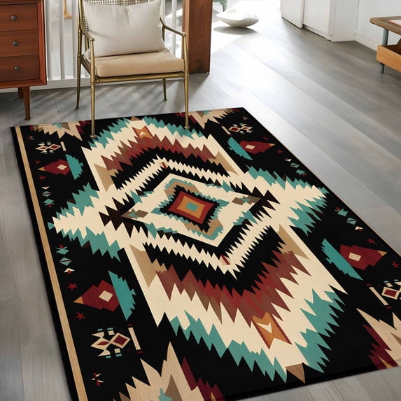 2.7x5 Washable Area Rug, Abstract Ethnic Style Pattern Non-Slip Rectangle Rug for Bedroom Bedside, Retro Brown Red Weaving Indoor Floor Mat for Home Decor