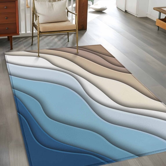 2.7x5 Washable Area Rug, Abstract Geometric Non-Slip Rectangle Rug for Bedroom Bedside, Blue Brown Gradient Waves Beach Indoor Floor Mat for Home Decor