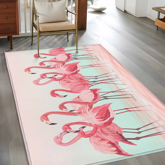 2.7x5 Washable Area Rug, Animal Pink Flamingo Non-Slip Rectangle Rug for Bedroom Bedside, Art Deco Pink Ripples Gradient Indoor Floor Mat for Home Decor