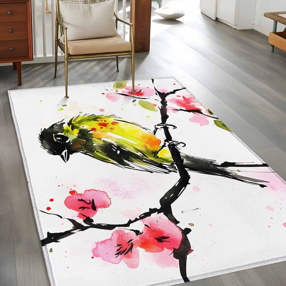 2.7x5 Washable Area Rug, Bird Pink Peach Blossom Non-Slip Rectangle Rug for Bedroom Bedside, Watercolor Animal Branch Plant Indoor Floor Mat for Home Decor