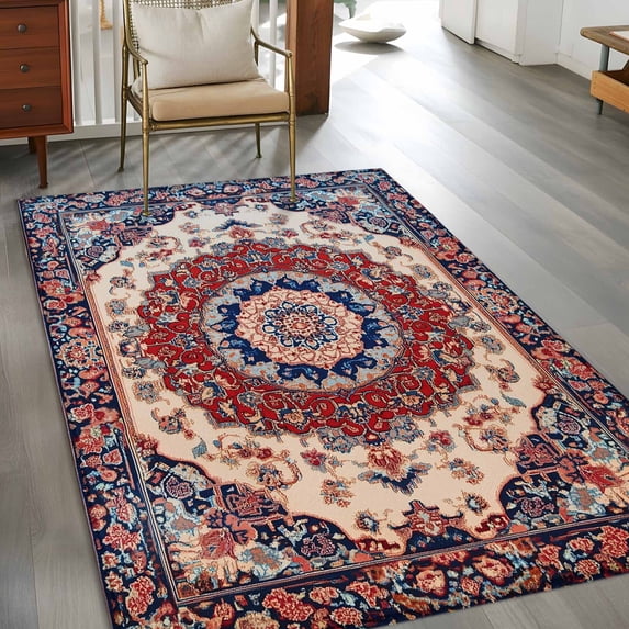 2.7x5 Washable Area Rug, Blue Red Floral Non-Slip Rectangle Rug for Bedroom Bedside, Ethnic Oriental Indoor Floor Mat for Home Decor