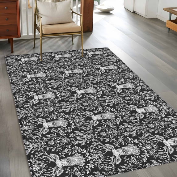 2.7x5 Washable Area Rug, Deer Head Non-Slip Rectangle Rug for Bedroom Bedside, Leaf Animal Black Indoor Floor Mat for Home Decor