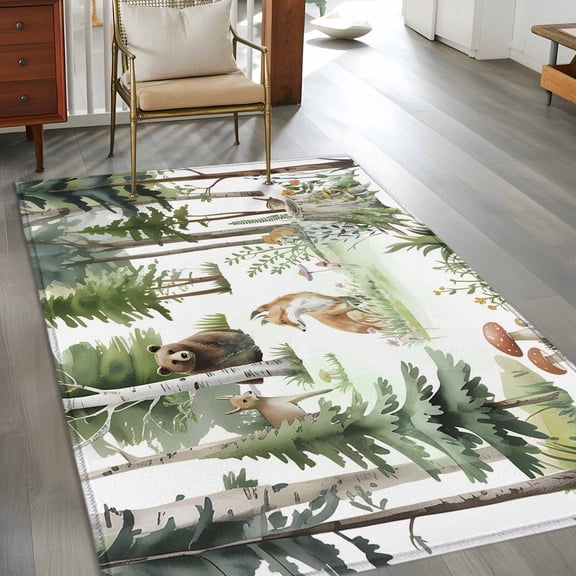 2.7x5 Washable Area Rug, Forest Animal Non-Slip Rectangle Rug for Bedroom Bedside, Woodland Bear Fox Deer Watercolors Tree Indoor Floor Mat for Home Decor