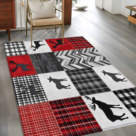 2.7x5 Washable Area Rug, Geometric Patchwork Non-Slip Rectangle Rug for Bedroom Bedside, Vintage Grey Red Miu Deer Abies Indoor Floor Mat for Home Decor