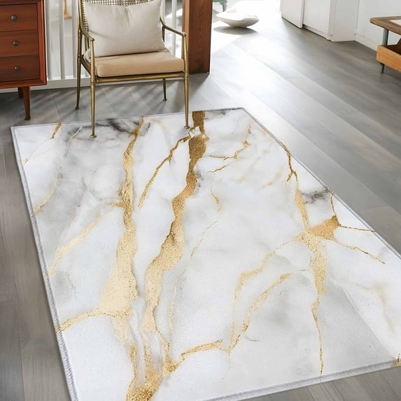 2.7x5 Washable Area Rug, Gray Gold Marble Non-Slip Rectangle Rug for Bedroom Bedside, Modern Abstract Indoor Floor Mat for Home Decor