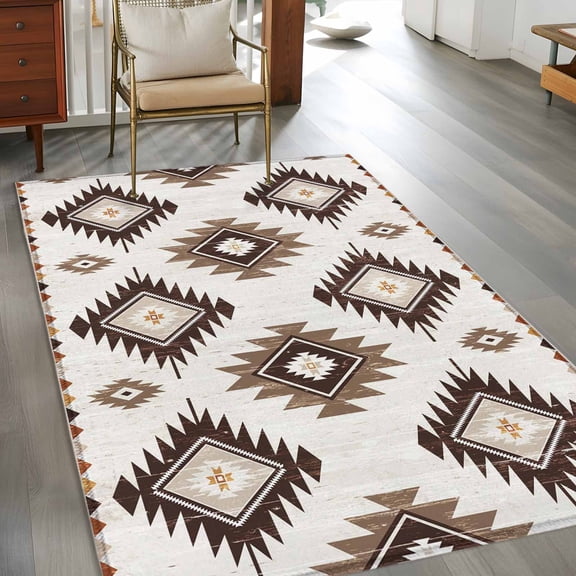 2.7x5 Washable Area Rug, Khaki Brown Non-Slip Rectangle Rug for Bedroom Bedside, Aztec Ethnic Southwestern Native Geometric Indoor Floor Mat for Home Decor