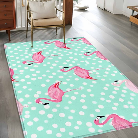 2.7x5 Washable Area Rug, Pink Flamingo Non-Slip Rectangle Rug for Bedroom Bedside, Cartoon Animal Green Polka Dot Background Indoor Floor Mat for Home Decor