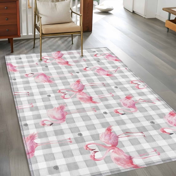 2.7x5 Washable Area Rug, Pink Flamingo Non-Slip Rectangle Rug for Bedroom Bedside, Summer Animal Heart Shape Palm Leaf Gray Plaid Indoor Floor Mat for Home Decor