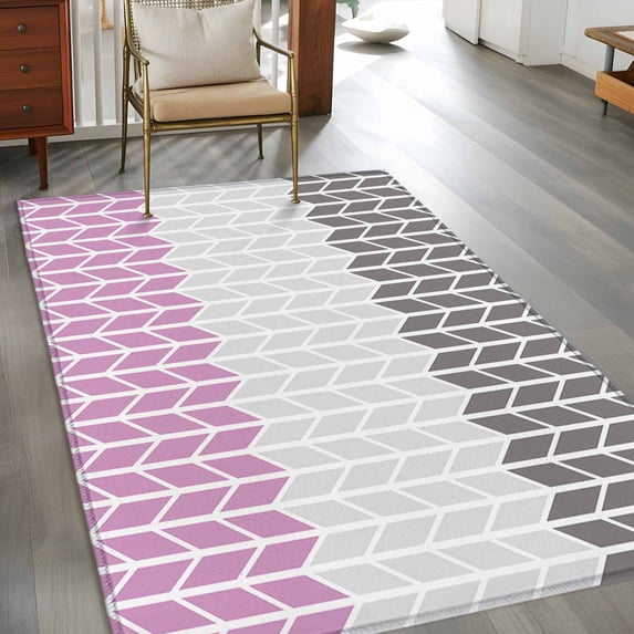 2.7x5 Washable Area Rug, Pink Gray Non-Slip Rectangle Rug for Bedroom Bedside, Chevron Abstract Geometric Modern Art Indoor Floor Mat for Home Decor