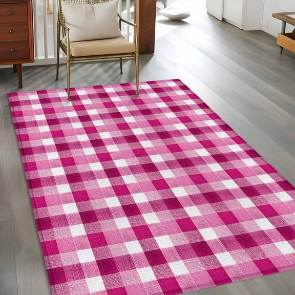 2.7x5 Washable Area Rug, Pink White Check Non-Slip Rectangle Rug for Bedroom Bedside, Modern Pink Theme Simple Indoor Floor Mat for Home Decor
