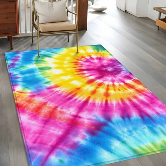 2.7x5 Washable Area Rug, Round Corlorful Tie-dye Non-Slip Rectangle Rug for Bedroom Bedside, Blue Watercolor Retro Ethnic Style Indoor Floor Mat for Home Decor