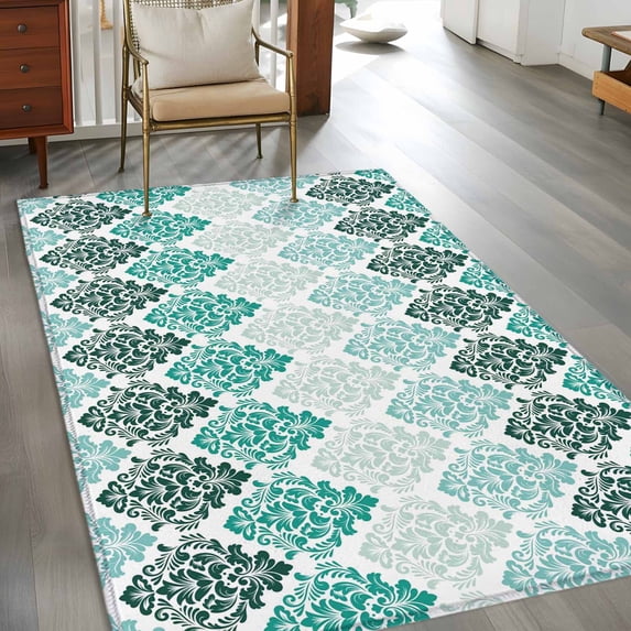 2.7x5 Washable Area Rug, Vintage Floral Non-Slip Rectangle Rug for Bedroom Bedside, Dark Green Flower Pattern Country Gradient Indoor Floor Mat for Home Decor