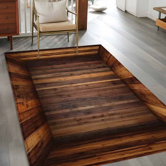 2.7x5 Washable Area Rug, Wooden Board Non-Slip Rectangle Rug for Bedroom Bedside, 3D Abstract Brown Wood Grain Indoor Floor Mat for Home Decor