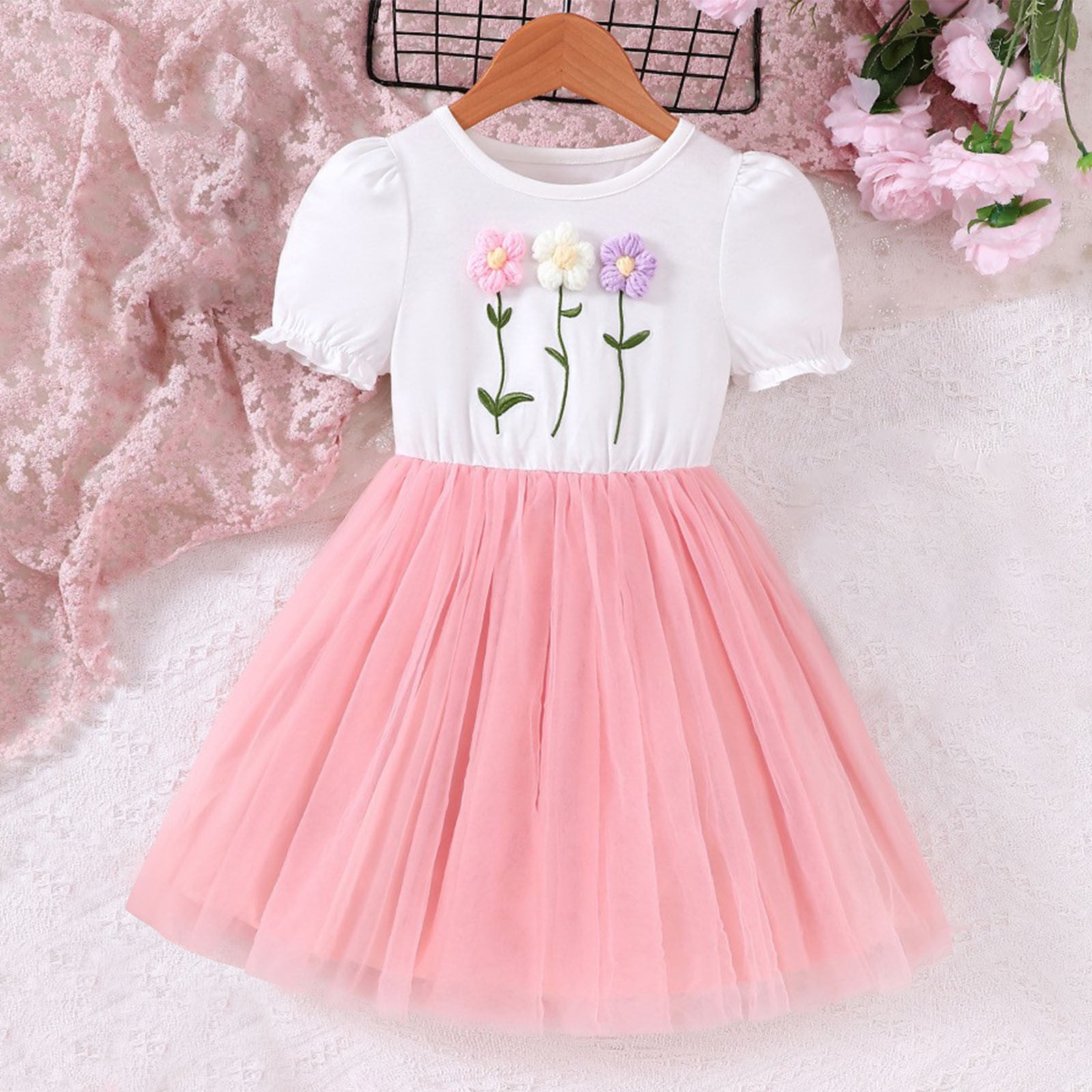 2-7year Girls' Fashion Three Dimensional Small Flower Splicing Mesh ...