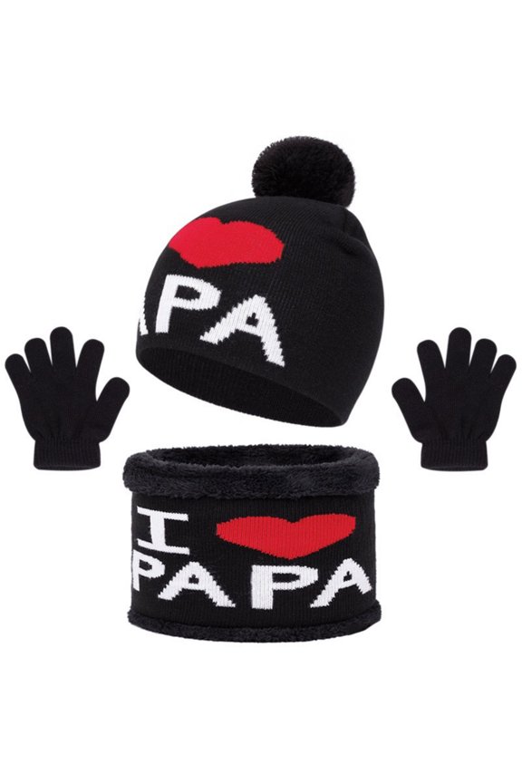 2-8 Age Group Letter-Print Fall Winter Warm Three-Piece Set Fleece-Lined Thickened Ear-Protected Knitted Hat + Scarf + Gloves Soft Comfortable Cold-Resistant Pom-pom