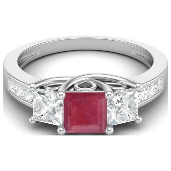 2.8 Cts Square Cut Halo Three Stone Ruby Glass Filled 925 Sterling Silver Engagement Women Mother's Day Gift Ring