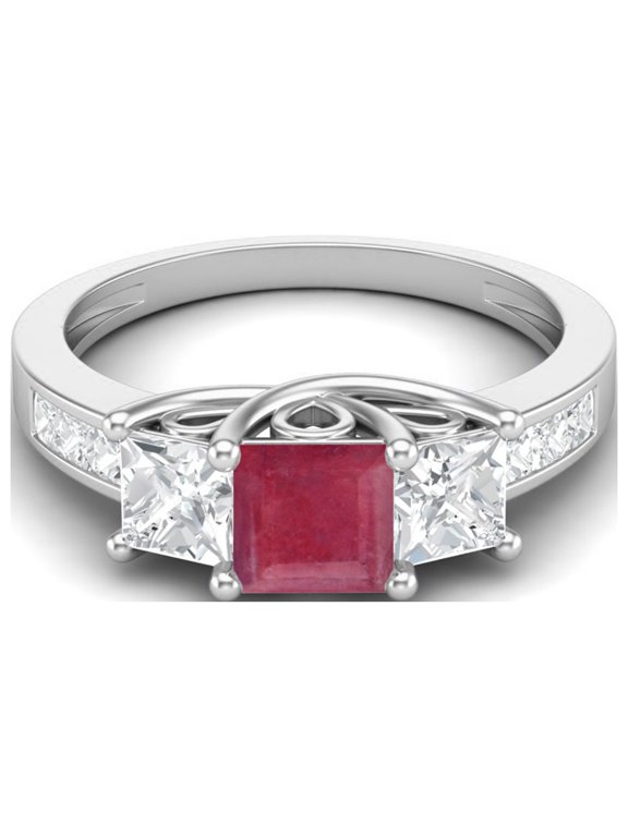 2.8 Cts Square Cut Halo Three Stone Ruby Glass Filled 925 Sterling Silver Engagement Women Mother's Day Gift Ring