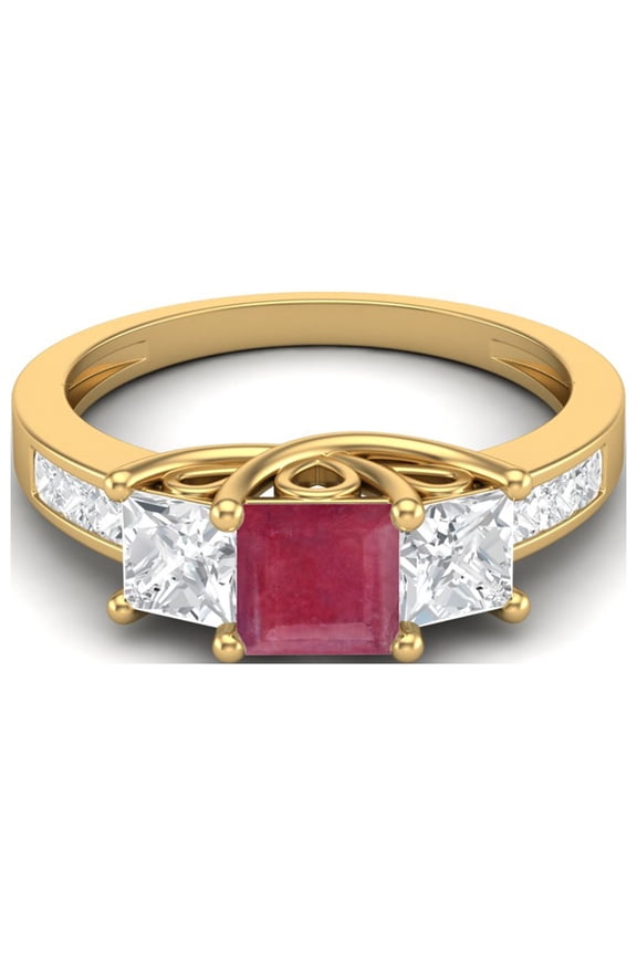 2.8 Cts Square Cut Halo Three Stone Ruby Glass Filled 925 Sterling Silver Gold Vermeil Engagement Women Valentines Day Gifts Ring