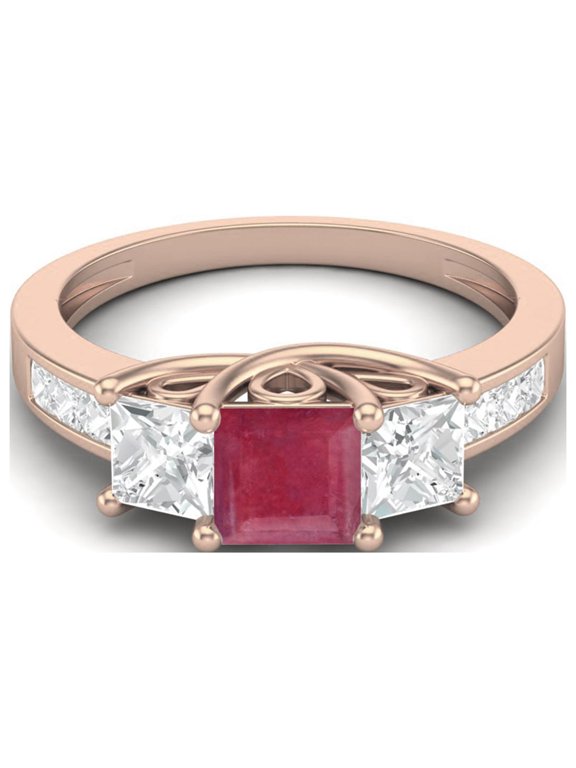 2.8 Cts Square Cut Halo Three Stone Ruby Glass Filled 925 Sterling Silver Rose Vermeil Engagement Women Valentines Day Gifts Ring