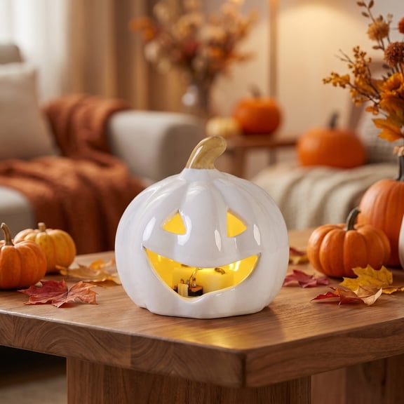 2.8 Inch White Ceramic Light Up Halloween Pumpkin Figurine with LED Glow, Glowing Jack O Lantern Tabletop Decor for Thanksgiving Home Party Decor
