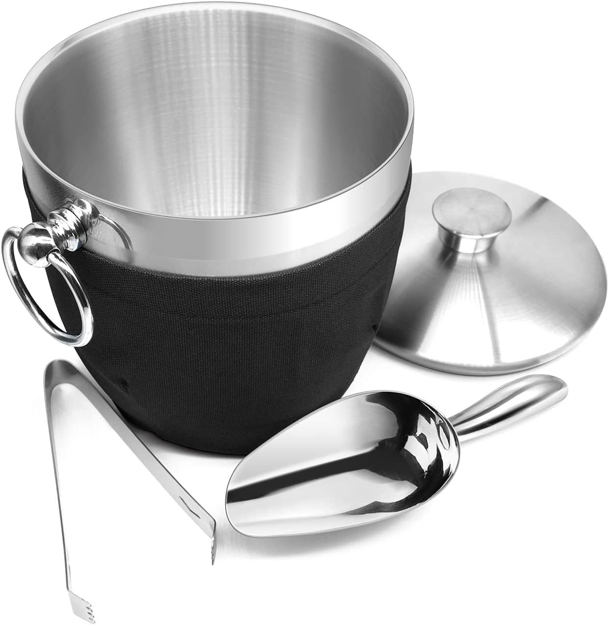Fortune Candy 2.8 L Double Wall Stainless Steel Ice Bucket, with Tongs, Scoop and Holder, Black