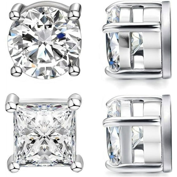 2-8 Pairs Stud Stainless Steel Earrings For Men Women Non-Piercing Round Princess Cut Clear Cubic Earrings Cz 5-8Mm[Z1]