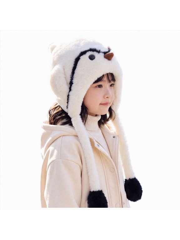 2-8 Years Girls Winter Penguin Plush Earflap Hat, Warm Fleece Lined Beanie for Cold Weather Youth Beanie