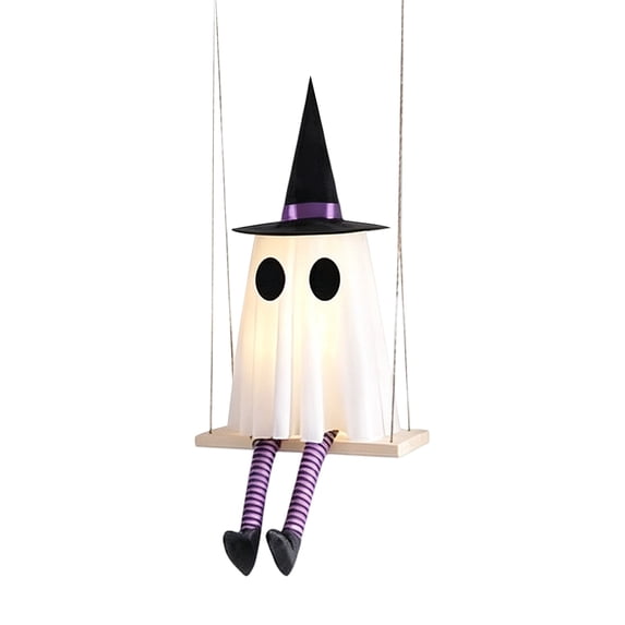 2.8 ft Light-Up Swinging Ghost with Green Striped Legs & Witch Hat, Spooky Hanging Ghost on Swing Prop for Yard Outdoor Decor, Halloween Decorations & Horror Party Porch Display