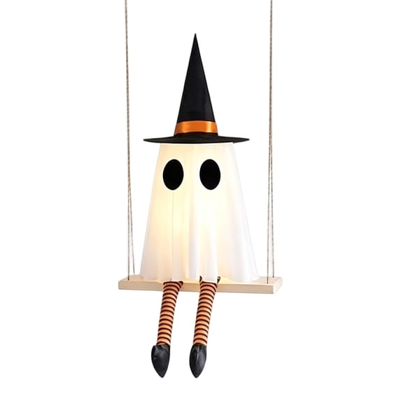 2.8 ft Light-Up Swinging Ghost with Orange Striped Legs & Witch Hat, Spooky Hanging Ghost on Swing Prop for Yard Outdoor Decor, Halloween Decorations & Horror Party Porch Display