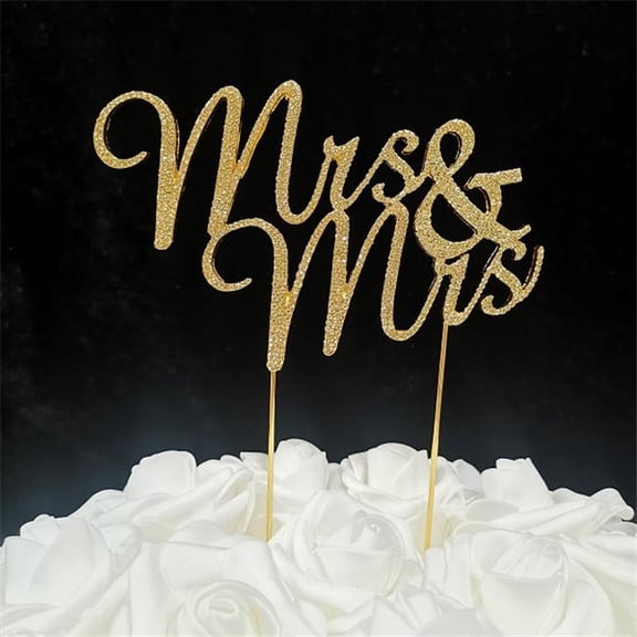 2.8 oz Lesbian Wedding Mrs & Mrs Cake Topper - Gold